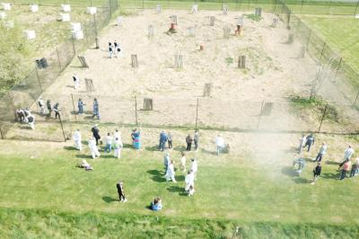 Table de tennis de table bleue en extérieur, avec deux raquettes rouges posées de part et d'autre du filet.