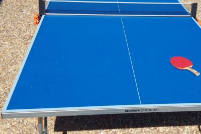 Table de tennis de table bleue en extérieur, avec deux raquettes rouges posées de part et d'autre du filet.