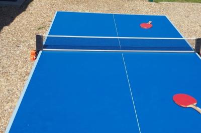 Miniature Location salle Brou (Eure-et-Loir) - Domaine de l'Ozanne #30 Table de ping-pong bleue en extérieur avec deux raquettes rouges posées de part et d'autre du filet.