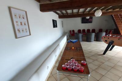 Miniature Location salle Brou (Eure-et-Loir) - Domaine de l'Ozanne #17 Table de ping-pong bleue en extérieur avec deux raquettes rouges posées de part et d'autre du filet.