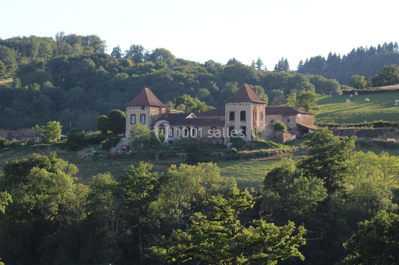 Vue d'un château ancien entouré de verdure et de collines boisées sous un ciel dégagé.