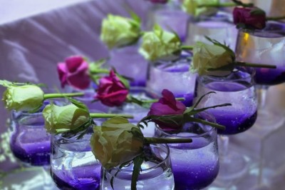 Grande paella servie dans un plat rond au premier plan, avec des convives attablés dans une salle de réception décorée.