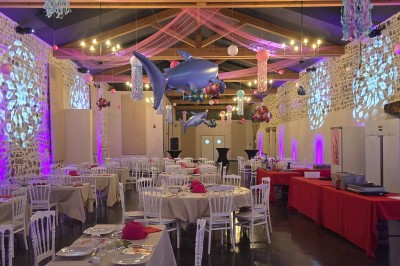 Grande paella servie dans un plat rond au premier plan, avec des convives attablés dans une salle de réception décorée.