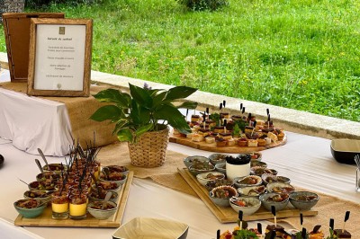 Assiette de brochettes de fruits de mer avec légumes, sauce colorée et riz, servie en extérieur sur une table dressée.