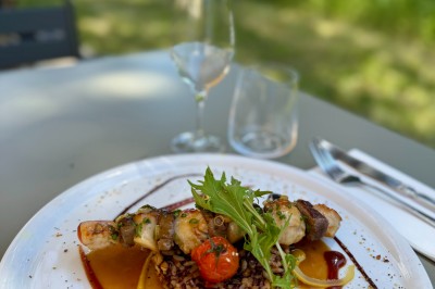 Assiette de brochettes de fruits de mer avec légumes, sauce colorée et riz, servie en extérieur sur une table dressée.