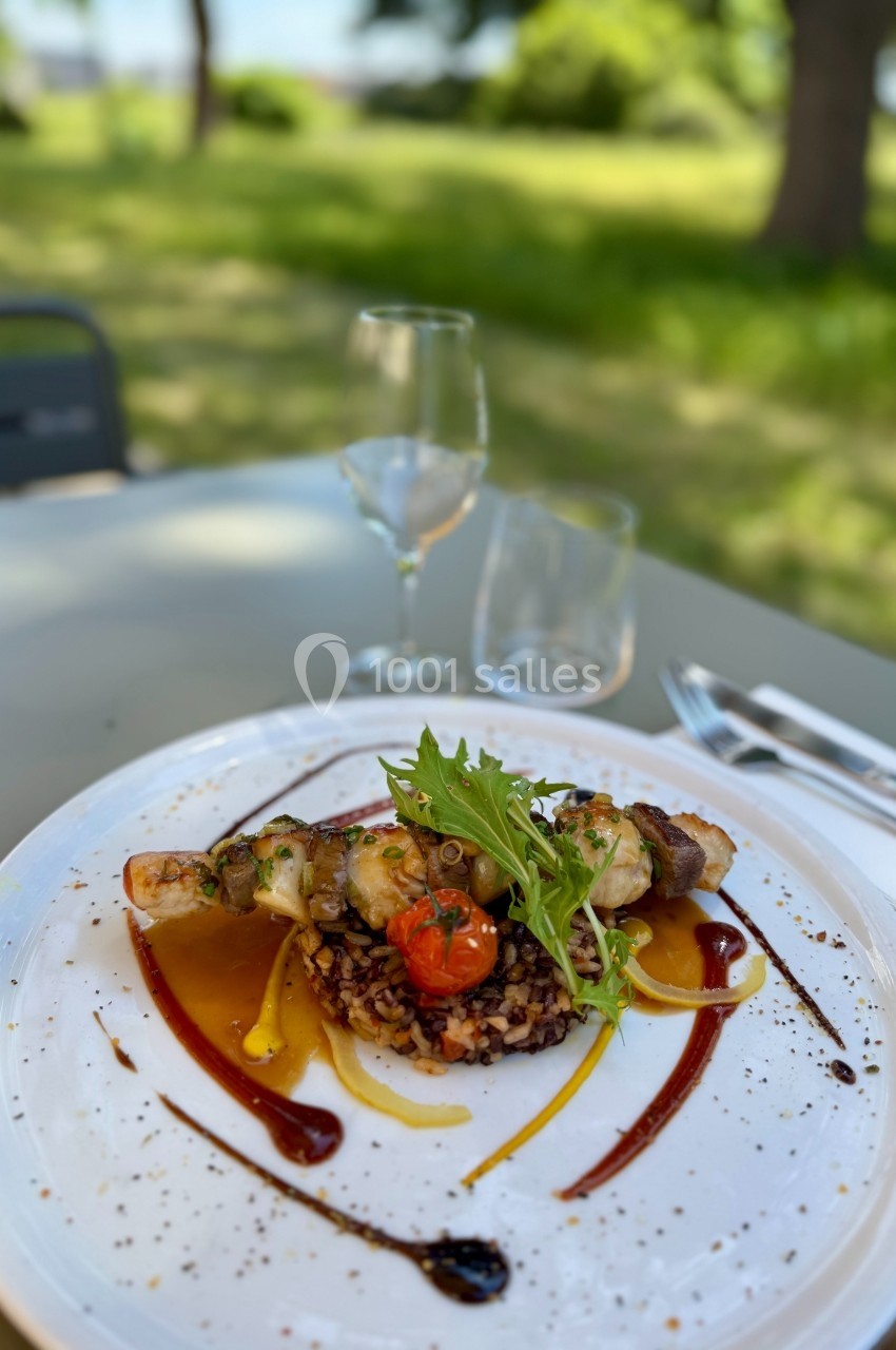 Assiette de brochettes de fruits de mer avec légumes, sauce colorée et riz, servie en extérieur sur une table dressée.