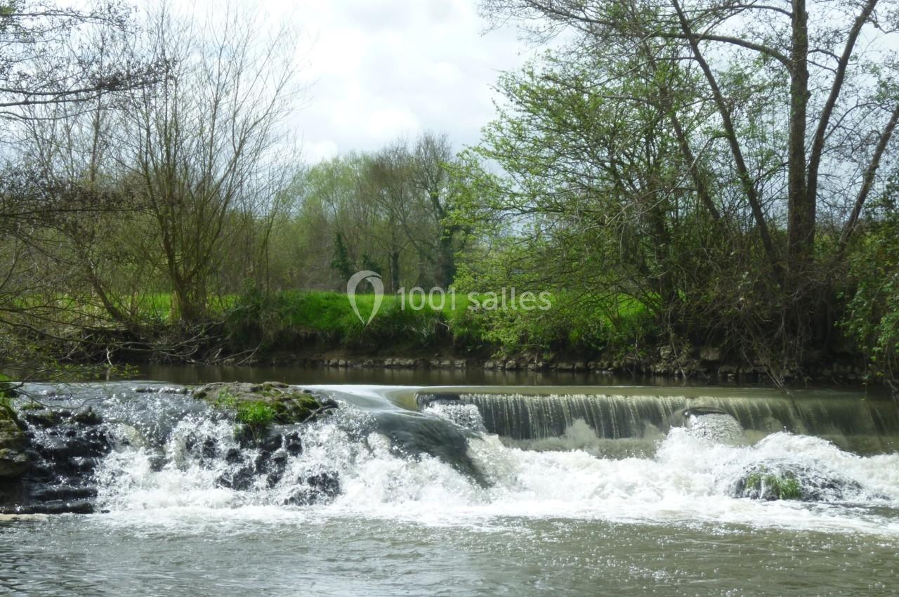 Cascade d'eau douce traversant une rivière entourée d'arbres et de végétation sous un ciel nuageux.