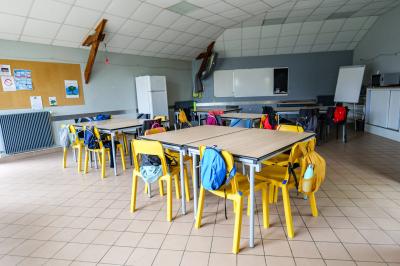 Deux chaises longues colorées devant une décoration murale représentant une plage avec un palmier.