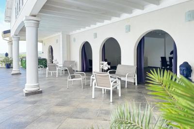 Piscine extérieure entourée de plantes fleuries, statues décoratives et vue dégagée sur un paysage tropical.