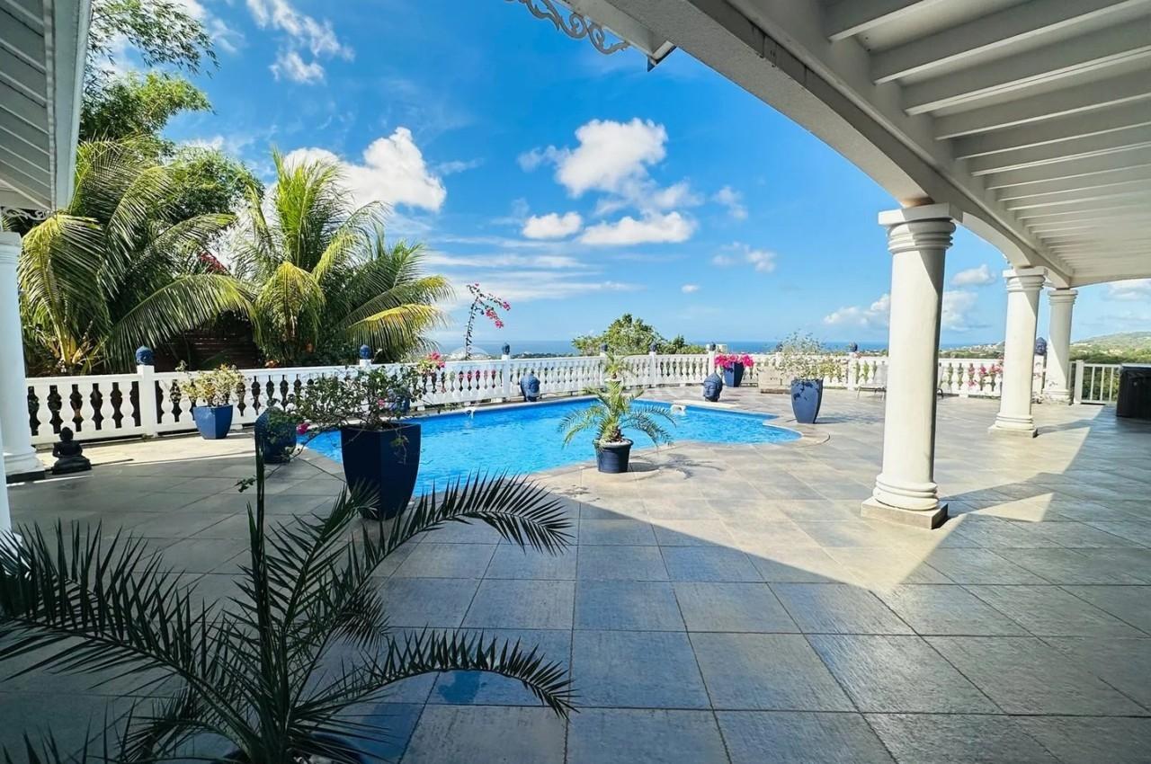 Terrasse spacieuse avec piscine, palmiers et vue dégagée sur la mer sous un ciel bleu.