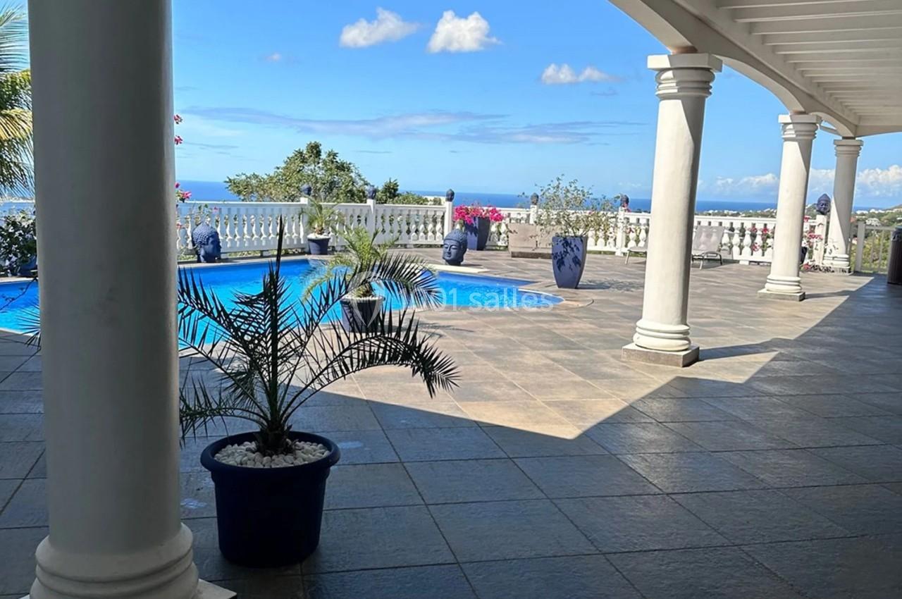 Terrasse avec piscine, colonnes blanches, plantes en pots et vue dégagée sur un paysage tropical sous un ciel bleu.