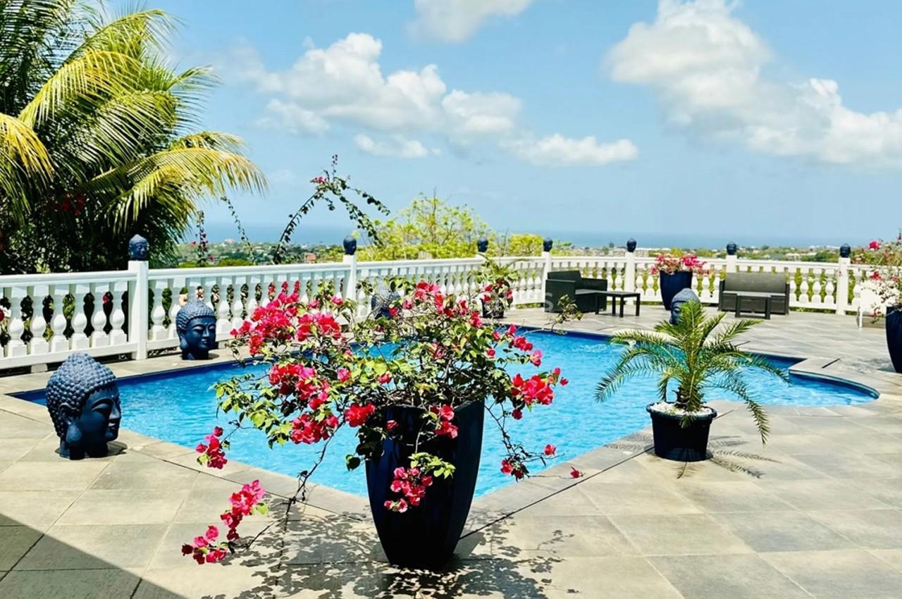Piscine extérieure entourée de plantes fleuries, statues décoratives et vue dégagée sur un paysage tropical.