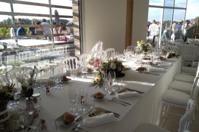 Un groupe de personnes échange autour d'un buffet en plein air, avec des serveurs et un paysage de vignoble en arrière-plan.