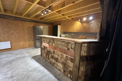 Cuisine ouverte avec plan de travail en bois, armoires vertes, éclairage au plafond et poutres apparentes.