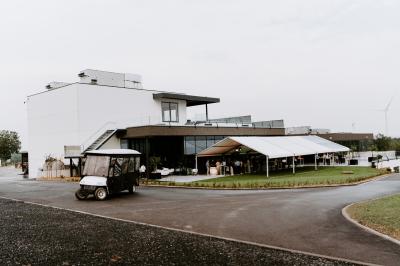 Éoliennes dans un paysage rural avec des vignes au premier plan et un ciel nuageux en arrière-plan.