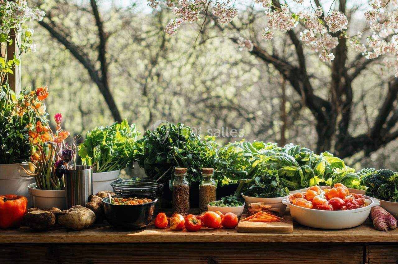 Fruits, légumes frais et herbes disposés sur une table en bois, avec un arrière-plan de jardin fleuri.