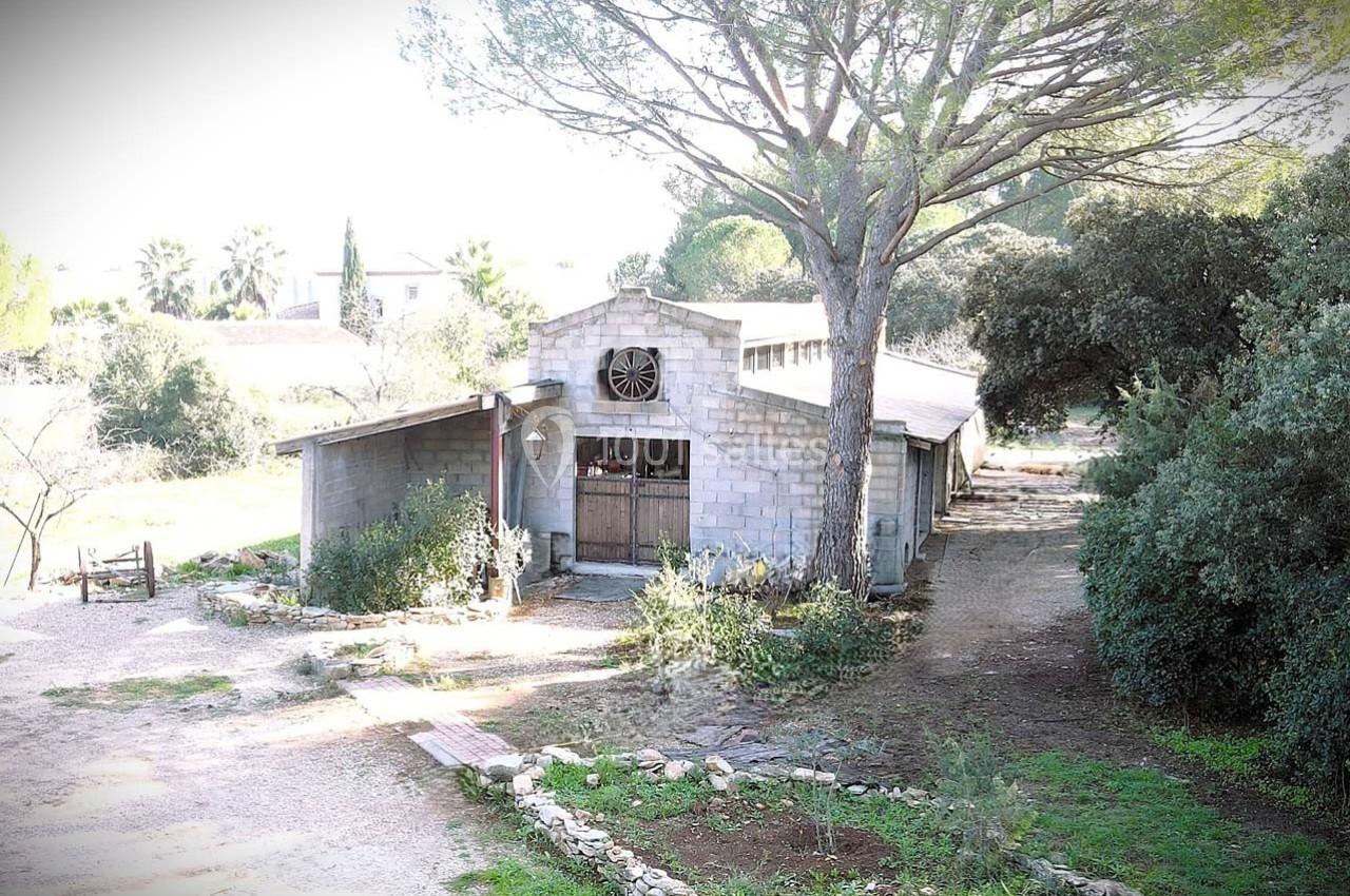 Bâtiment en pierre entouré de végétation, avec une grande porte en bois et un arbre imposant à proximité.