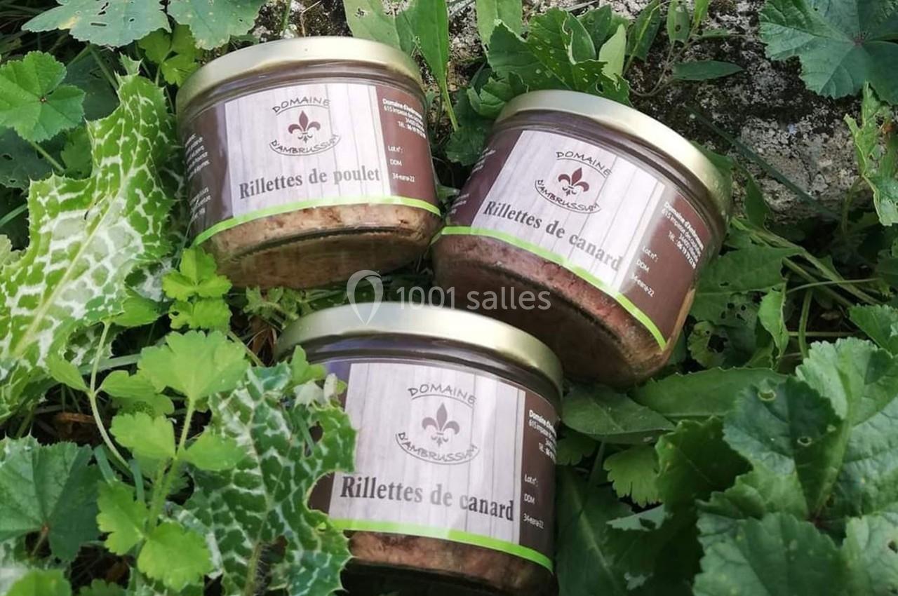 Trois pots de rillettes de canard et de poulet posés sur un lit de feuilles vertes en extérieur.