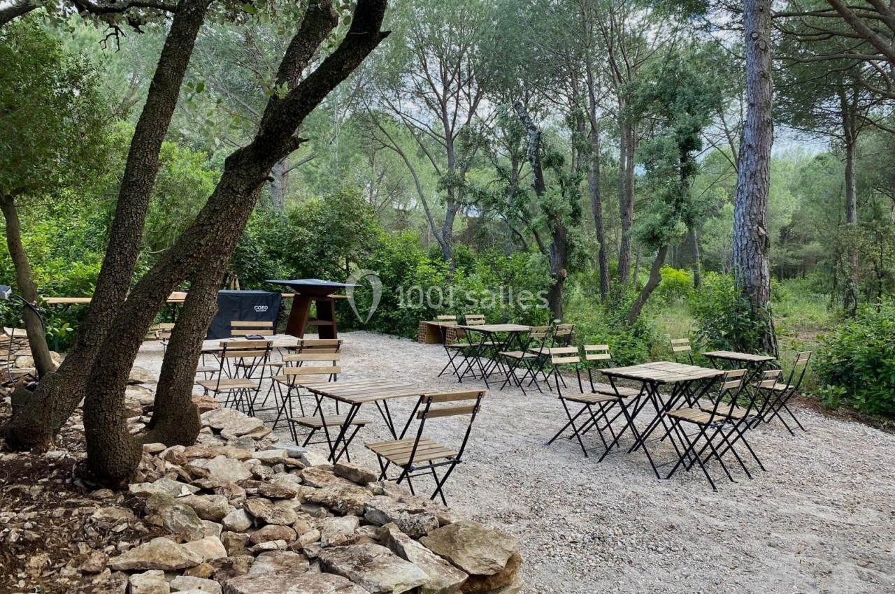 Tables et chaises en métal et bois disposées sur un sol gravillonné, entourées d'arbres dans un cadre naturel.