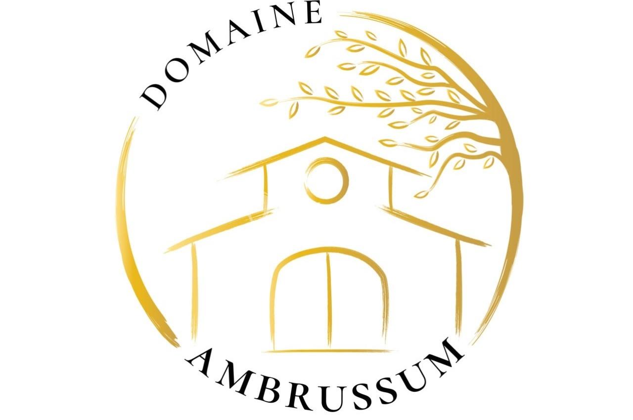 Logo du Domaine Ambrussum représentant une bâtisse stylisée entourée d'un arbre doré dans un cercle.