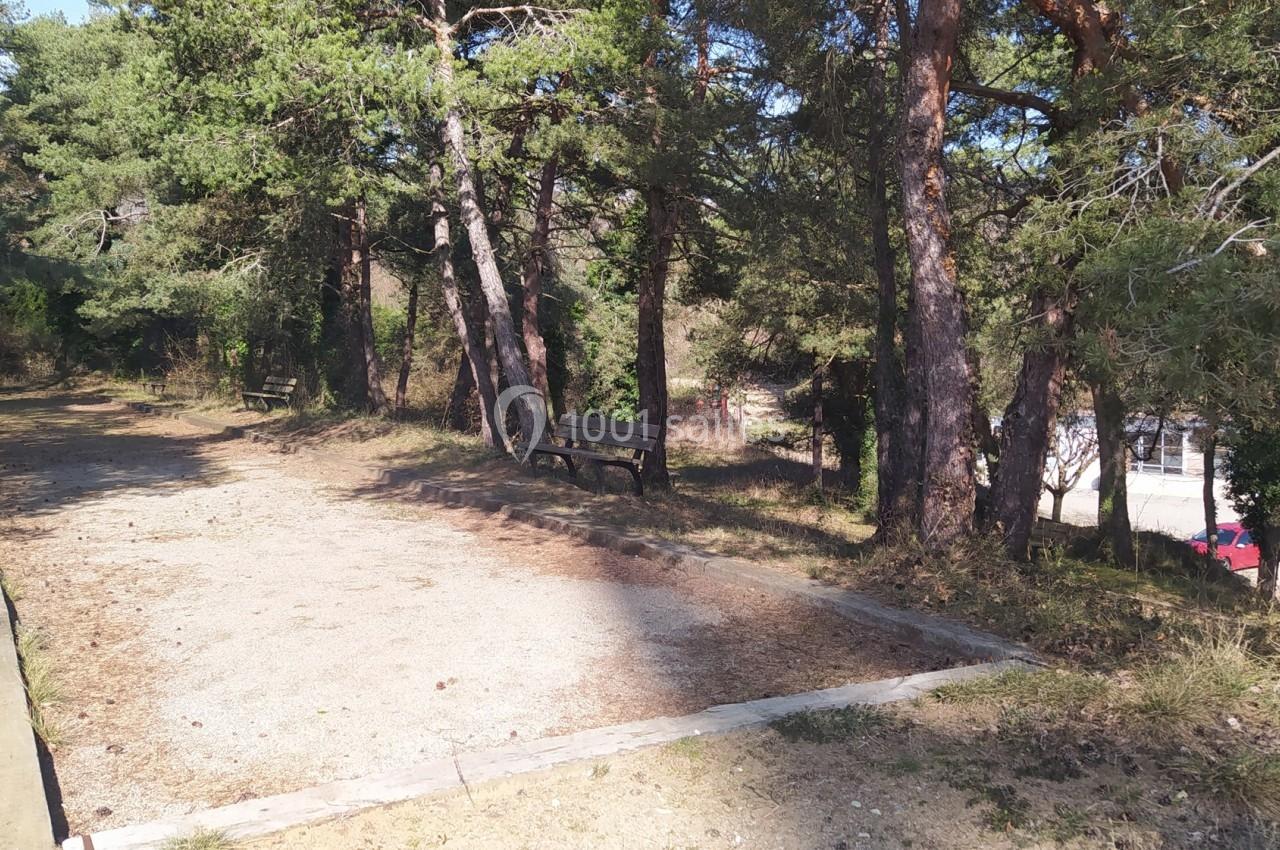 Chemin forestier ensoleillé bordé de bancs en bois, entouré de pins et de végétation.