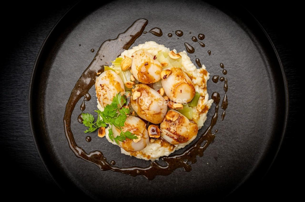 Assiette de noix de Saint-Jacques poêlées sur un lit de purée, garnie de sauce et de noisettes concassées.