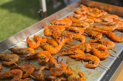 Miniature Traiteur Leers (Nord) - Tendance et Fraicheur Traiteur #19 Brochettes de viande et légumes grillant sur un barbecue en plein air, avec une fontaine et un jardin en arrière-plan.