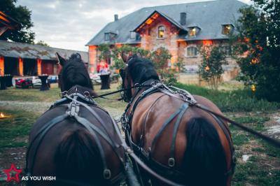 Un couple en tenue de mariage se tient devant un officiant dans un décor festif avec sapins et guirlandes lumineuses.