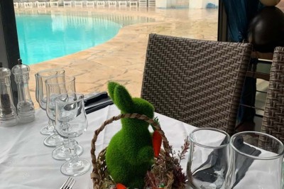 Assiette garnie d'un jarret d'agneau, légumes, pommes de terre rôties, sur une table dressée avec boissons et décorations.