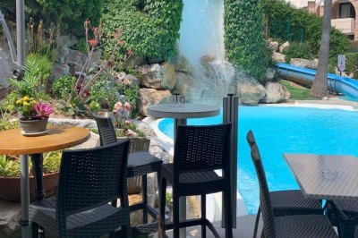 Assiette garnie d'un jarret d'agneau, légumes, pommes de terre rôties, sur une table dressée avec boissons et décorations.