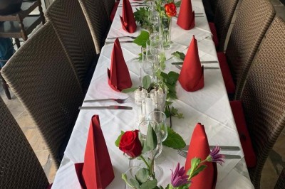 Assiette garnie d'un jarret d'agneau, légumes, pommes de terre rôties, sur une table dressée avec boissons et décorations.