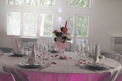 Salle décorée avec des ballons bleus, blancs et dorés, tables dressées et groupe de personnes discutant debout.