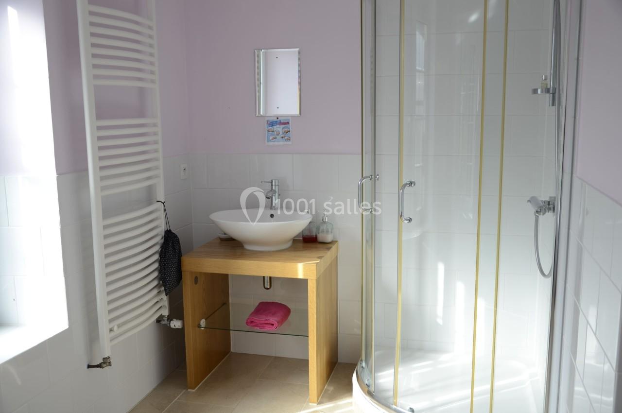 Salle de bain avec lavabo sur meuble en bois, douche vitrée, radiateur sèche-serviettes et mur peint en rose clair.