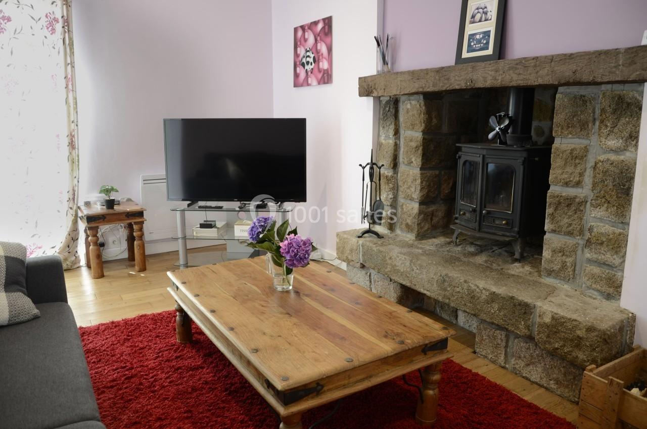 Salon avec cheminée en pierre, poêle à bois, table basse en bois, télévision et décoration florale sur tapis rouge.