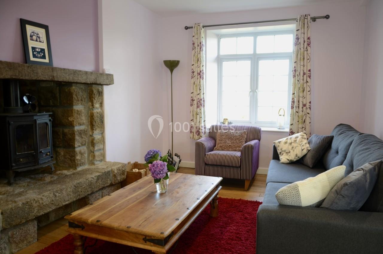 Salon lumineux avec canapé gris, fauteuil rayé, table basse en bois, cheminée en pierre et fenêtre avec rideaux fleuris.