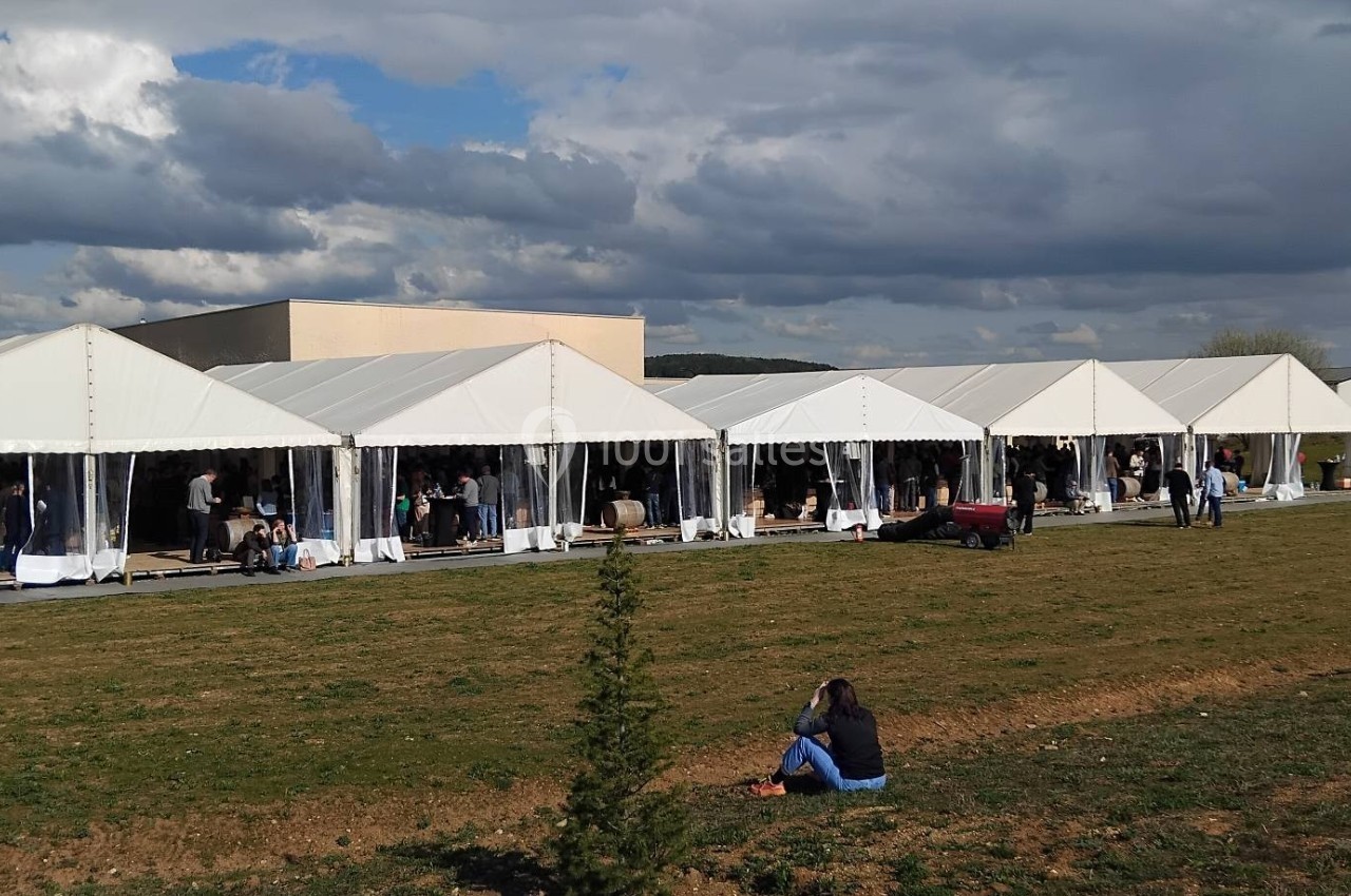 Tentes blanches alignées sur une pelouse, accueillant des personnes lors d'un événement en plein air sous un ciel nuageux.