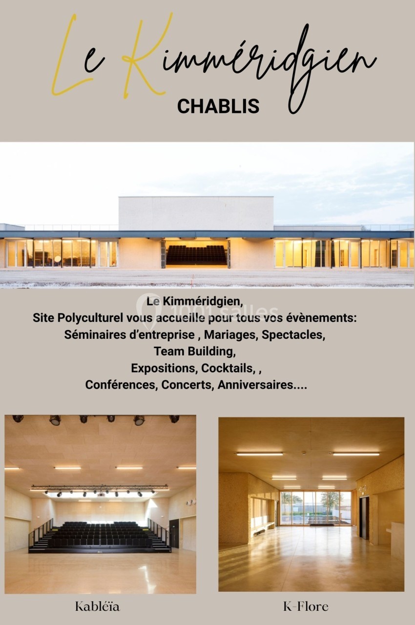 Façade moderne d'un site polyvalent avec deux salles intérieures dédiées aux événements et spectacles.