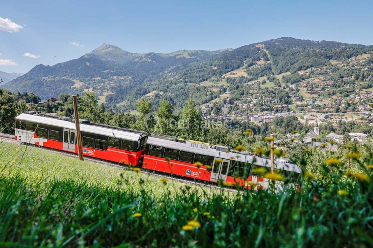 Train rouge traversant un paysage alpin verdoyant avec montagnes et village en arrière-plan par une journée ensoleillée.