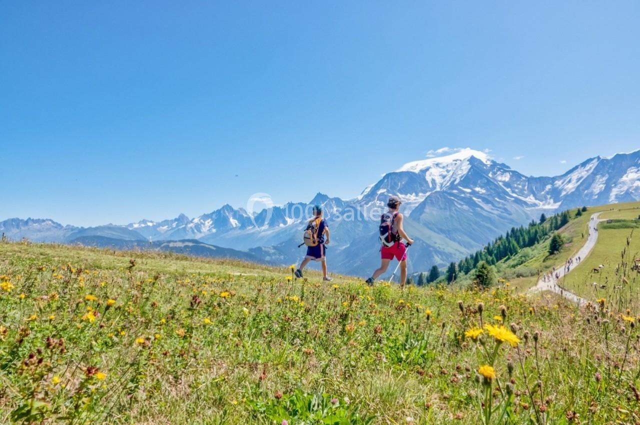 Deux randonneurs traversent un champ fleuri en montagne avec une vue dégagée sur le Mont-Blanc sous un ciel bleu.