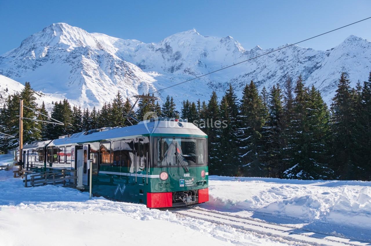 Train vert traversant un paysage enneigé avec des montagnes et des sapins en arrière-plan.