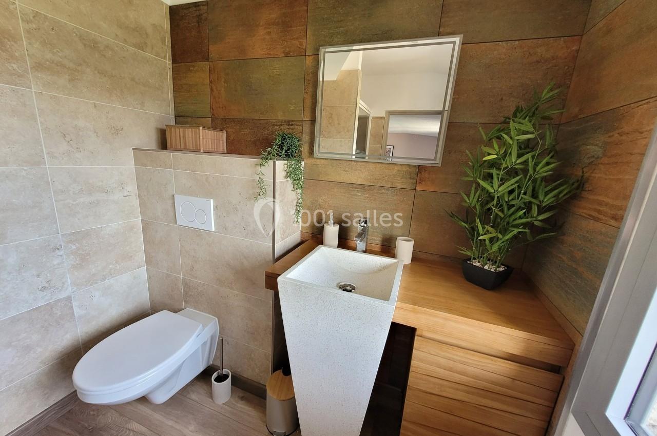 Salle de bain moderne avec toilettes suspendues, lavabo design, meuble en bois et plantes décoratives.