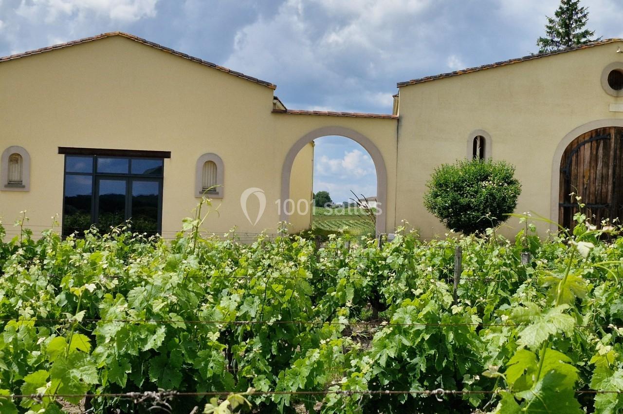 Bâtiments en pierre claire entourés de vignes verdoyantes sous un ciel partiellement nuageux.