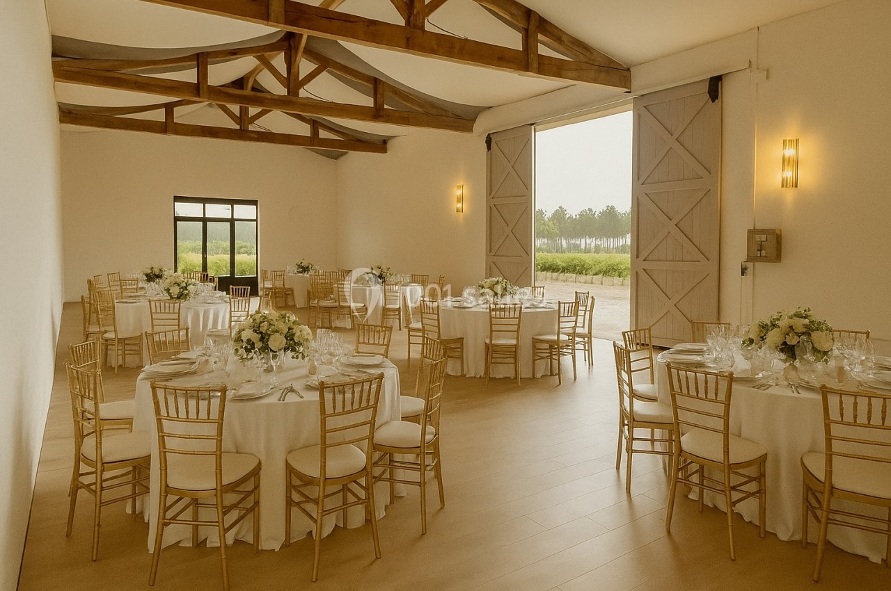 Salle de réception lumineuse avec tables rondes dressées, chaises dorées et vue sur un vignoble à travers une grande porte…