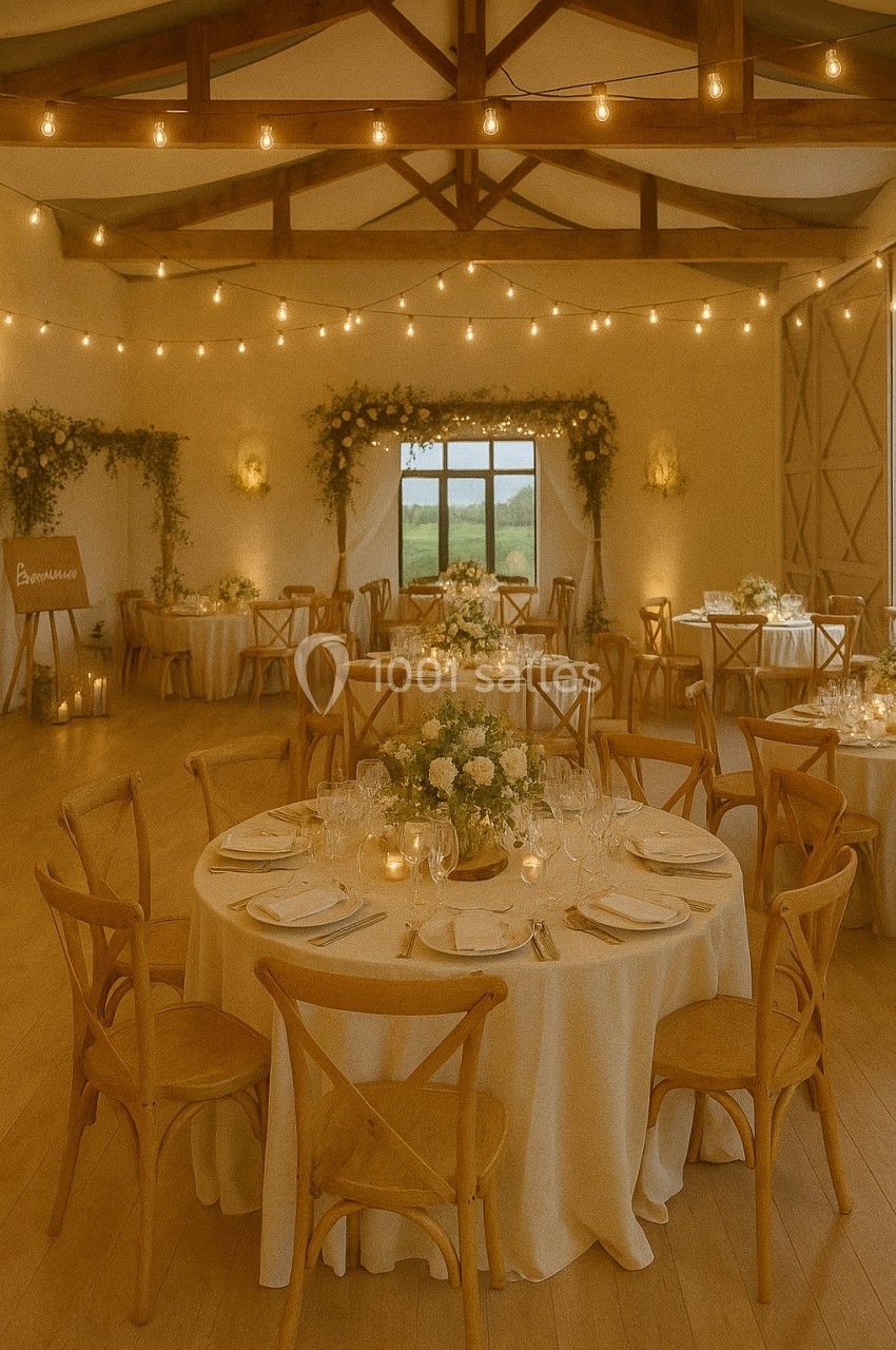 Salle de réception décorée avec des guirlandes lumineuses, tables rondes dressées et fleurs blanches.