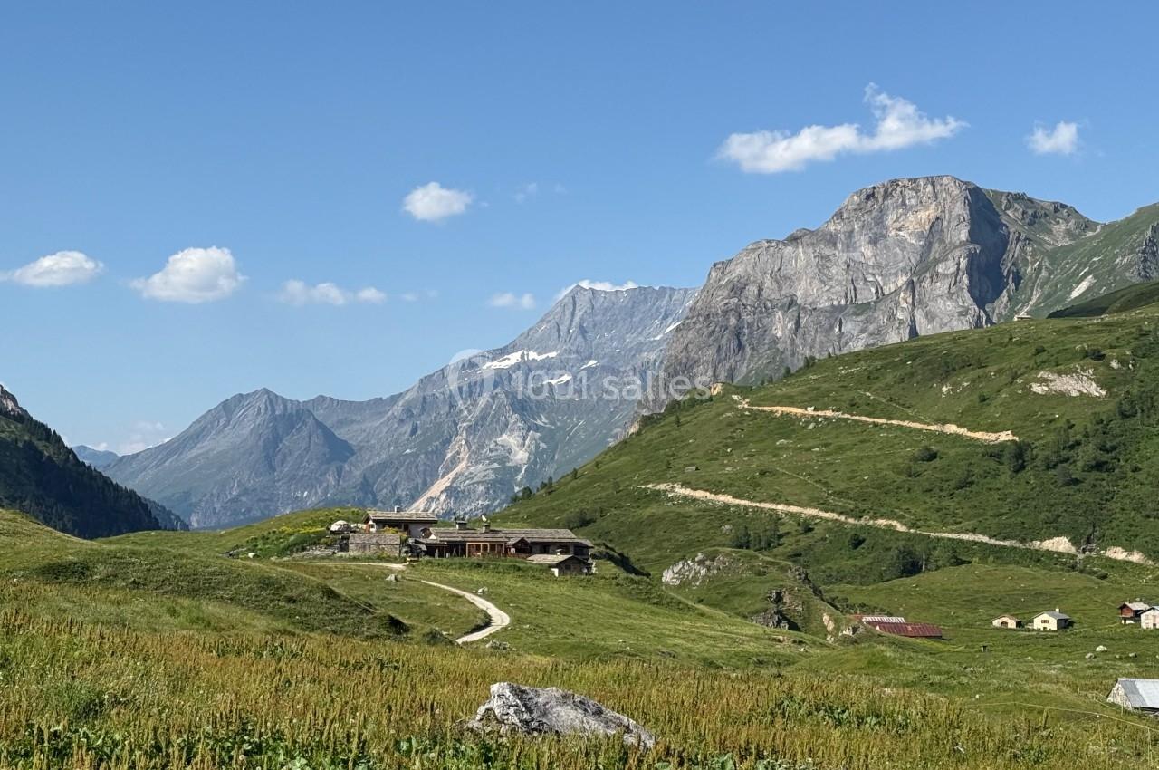 Paysage alpin avec des montagnes verdoyantes, un sentier sinueux et des chalets en bois sous un ciel dégagé.