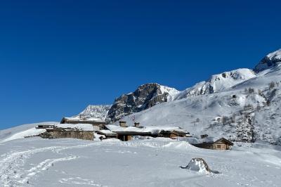 Chalets en bois entourés de neige au pied de montagnes sous un ciel bleu clair.
