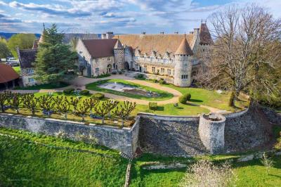 Salon avec canapé et chaises en velours rouge, table basse en bois, lampe sur pied et tableau au mur.