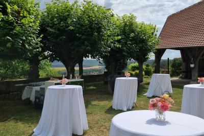 Salon avec canapé et chaises en velours rouge, table basse en bois, lampe sur pied et tableau au mur.