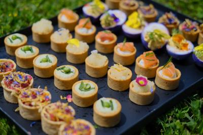 Plateau de bouchées apéritives variées disposées sur un fond d'herbe, comprenant tartelettes et garnitures colorées.