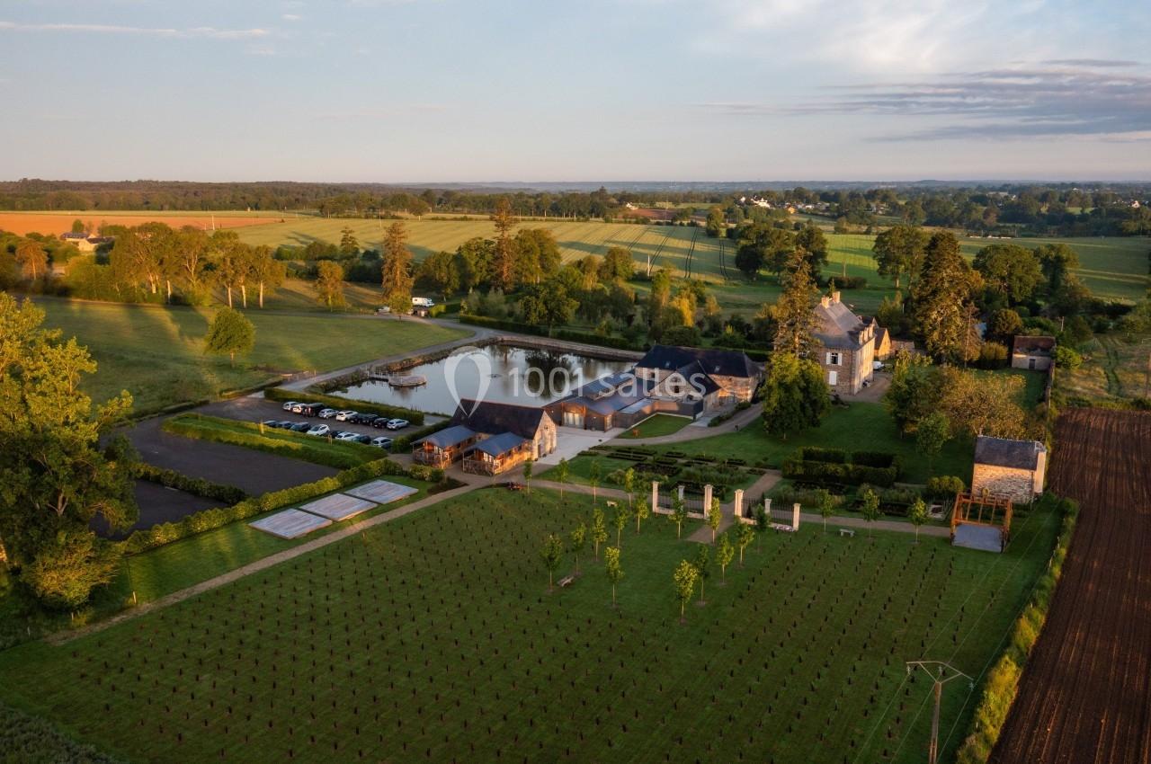Vue aérienne d'un domaine rural avec bâtiments, étang, parking, jardins et champs environnants sous un ciel dégagé.